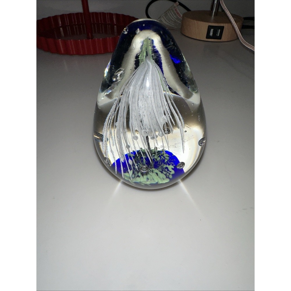 Glass White Tree Blue Paperweight Vintage Art Glass 4" Palm Egg
